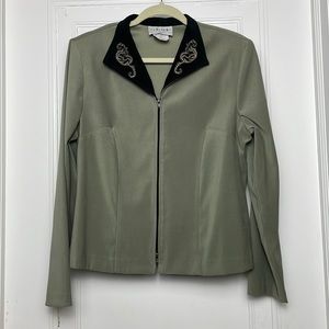 Vintage LESLIE BELLE Blazer front zip embroidery sage green